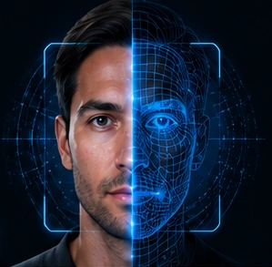 A human face contrasted with a blue digital wireframe